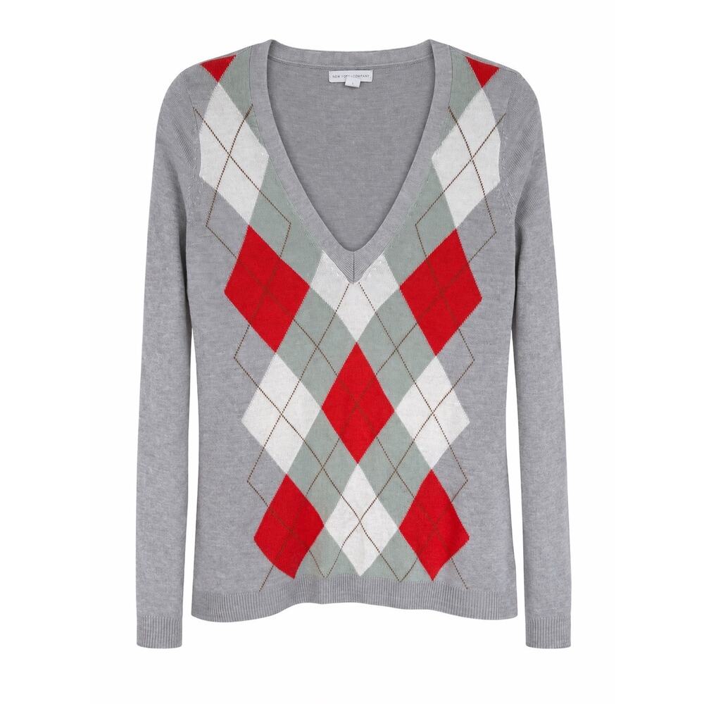 NY&Co Argyle Sweater Womens Medium Gray Red V Neck Preppy Y2K Office Siren Soft